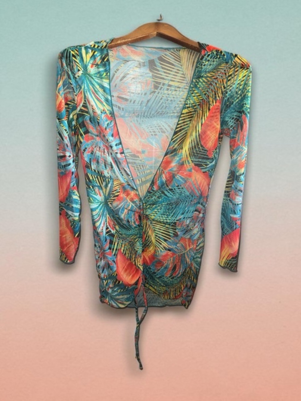 Vibrant Tropical Wrap Top Multi-Color Swim Suit Coverup Sheer Tunic Long Sleeve